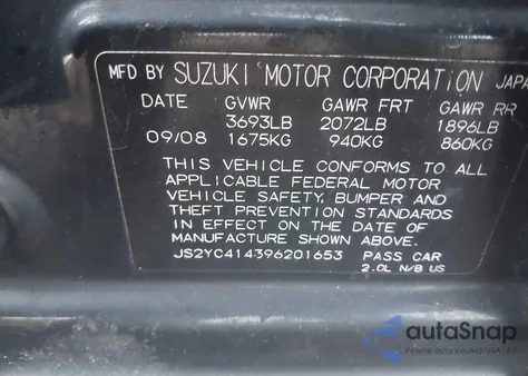 2009 Suzuki Sx4 Sport/Sport Technology from USA, damaged, VIN JS2YC414396201653